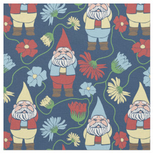 Garden Gnomes with Flowers Navy Blue Patterned Fabric
