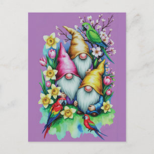 Garden Gnomes with Parrots and Spring Florals Holiday Postcard
