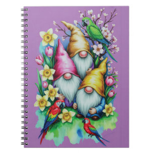 Garden Gnomes with Parrots and Spring Florals Notebook