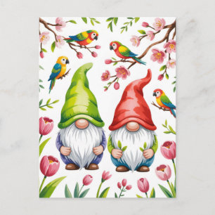 Garden Gnomes with Tropical Parrots  Holiday Postcard