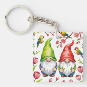 Garden Gnomes with Tropical Parrots Key Ring