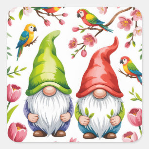 Garden Gnomes with Tropical Parrots Square Sticker