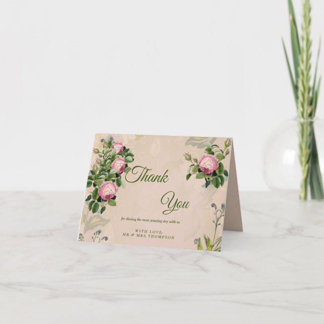 Garden Green - Soft Pink Roses Thank You Card (Front)