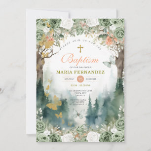 Garden Greenery Flowers Baptism Invitation