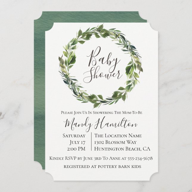 Garden Greenery Wreath Baby Shower Invitation (Front/Back)
