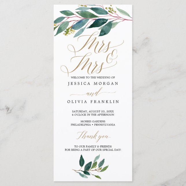 Garden Greens Gay Wedding Program - Mrs & Mrs (Front)