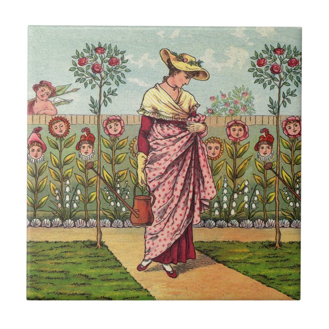 Garden Grow Flower Woman Art Antique Ceramic Tile (Front)