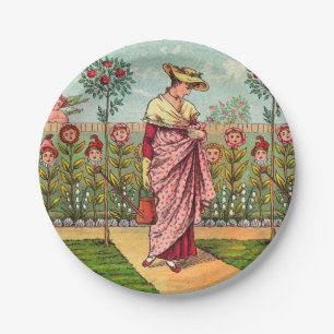 Garden Grow Flower Woman Art Antique Paper Plate