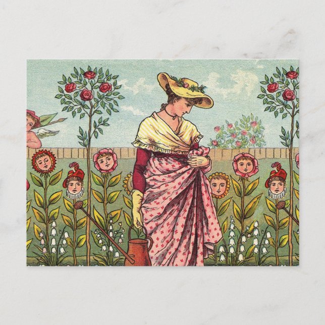 Garden Grow Flower Woman Art Antique Postcard (Front)