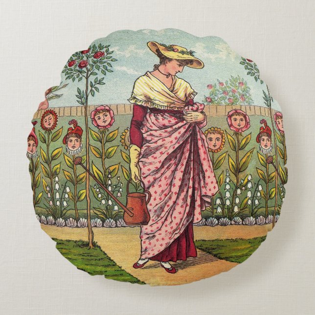 Garden Grow Flower Woman Art Antique Round Cushion (Front)