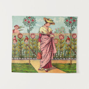 Garden Grow Flower Woman Art Antique Tapestry