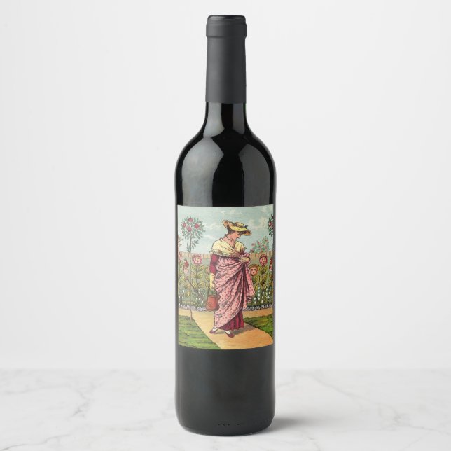 Garden Grow Flower Woman Art Antique Wine Label (Front)