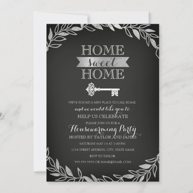 Garden Key Silver Chalkboard Housewarming Invite (Front)