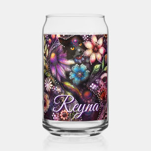 Garden Kitty Cat Floral Abstract Personalised Can Glass