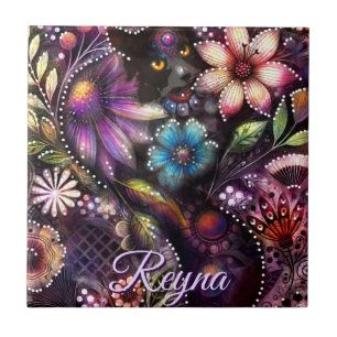 Garden Kitty Cat Floral Abstract Personalised Ceramic Tile