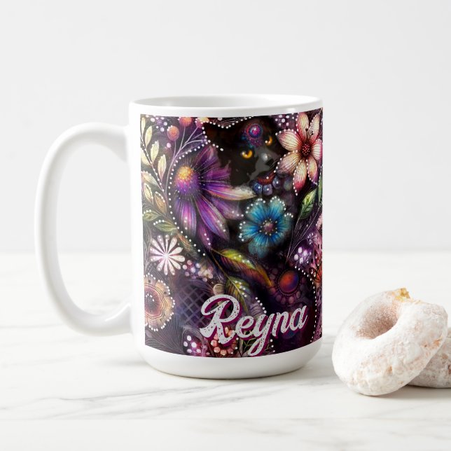 Garden Kitty Cat Floral Abstract Personalised Coffee Mug (With Donut)