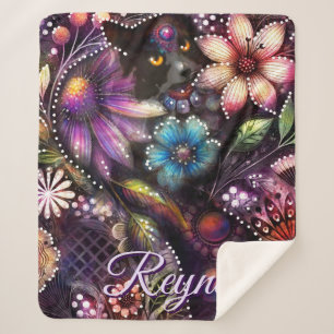 Garden Kitty Cat Floral Abstract Personalised Sherpa Blanket