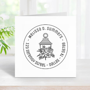 Garden Lantern Flowers Round Address 3 Rubber Stamp
