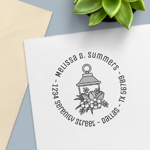 Garden Lantern Flowers Round Address 4 Self-inking Stamp