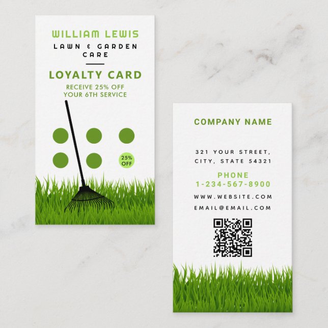 Garden Lawn Care Modern Grass Rake Loyalty Business Card (Front/Back)