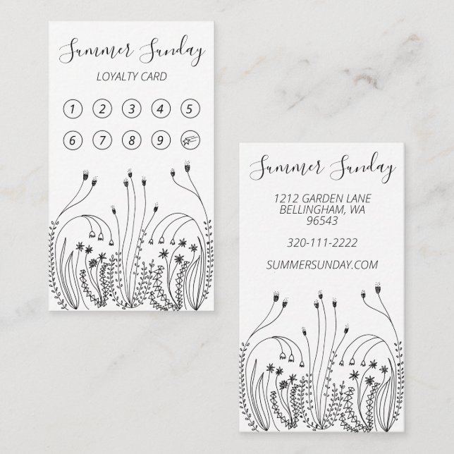 Garden Line Art Florist Plants Wildflowers 10 Loyalty Card (Front/Back)