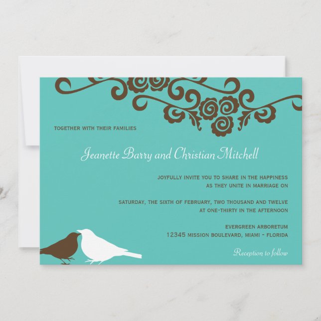 Garden love birds teal modern elegance wedding invitation (Front)