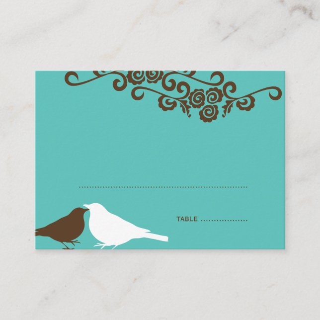 Garden love birds teal wedding escort place card (Front)