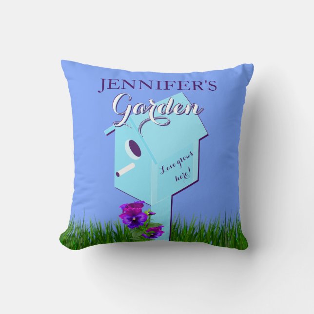 Garden "Love grows here!" Birdhouse Pansies Cushion (Front)