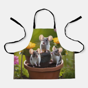 "Garden Mischief: Three Mice in Flower Pots" Apron