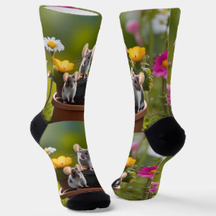 "Garden Mischief: Three Mice in Flower Pots" Socks