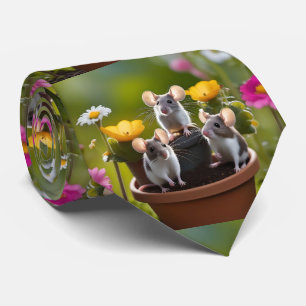 "Garden Mischief: Three Mice in Flower Pots" Tie