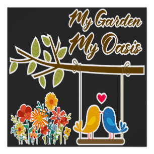 Garden Oasis Cute Birds On Swing Romantic Art Poster