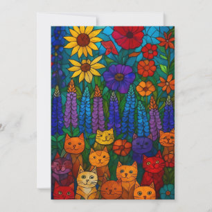 Garden of Cats Stained-Glass Cat Art with Flowers Card