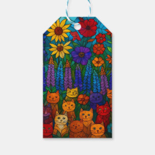 Garden of Cats Stained-Glass Cat Art with Flowers Gift Tags