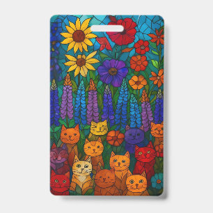 Garden of Cats Stained-Glass Cat Art with Flowers ID Badge