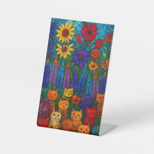 Garden of Cats Stained-Glass Cat Art with Flowers Pedestal Sign