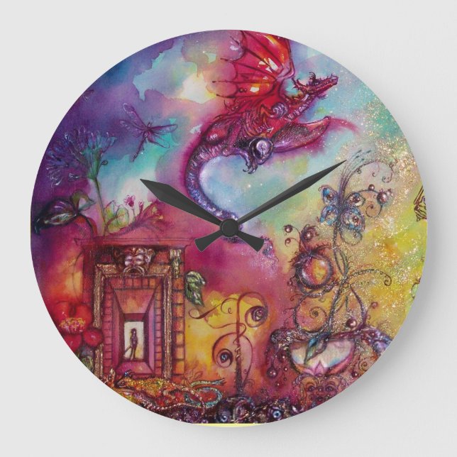 GARDEN OF  LOST SHADOWS ,FLYING RED DRAGON Fantasy Large Clock (Front)