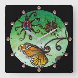 GARDEN OF MELISSA Magic Butterfly, Ladybug,Green Square Wall Clock