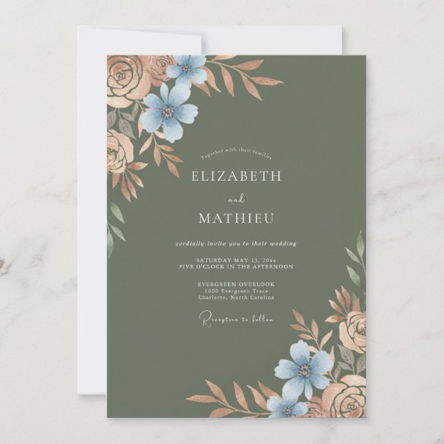 Garden Olive Azure Blossom Wedding Invitation (Front)