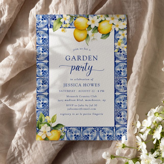 Garden Party Blue & Lemons Bridal Shower Invitation (Creator Uploaded)
