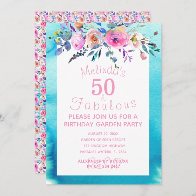 Garden Party Custom 50 and Fabulous 50th Birthday Invitation (Front/Back)
