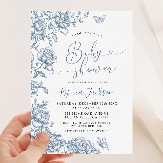 Garden Party Dusty Blue Chinoiserie Baby Shower Invitation (Creator Uploaded)