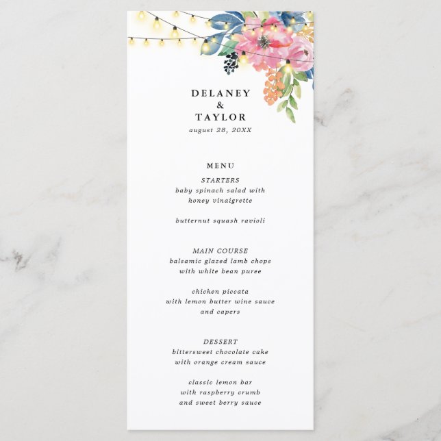Garden Party Flowers & Twinkle Lights Blue Wedding Menu (Front)