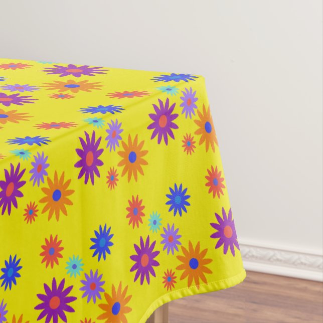 Garden Party Funky Retro 70s Flower Print Yellow Tablecloth (In Situ)