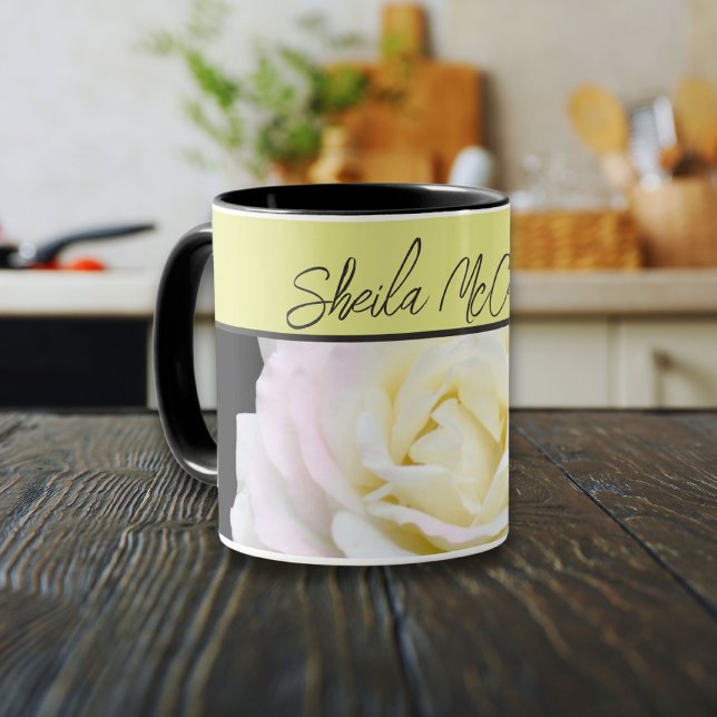 Garden Party Tea Rose Flowers Photo Mug (Garden Party Hybrid Tea Rose shares the spotlight with personalized name. Charlock pale green band.)