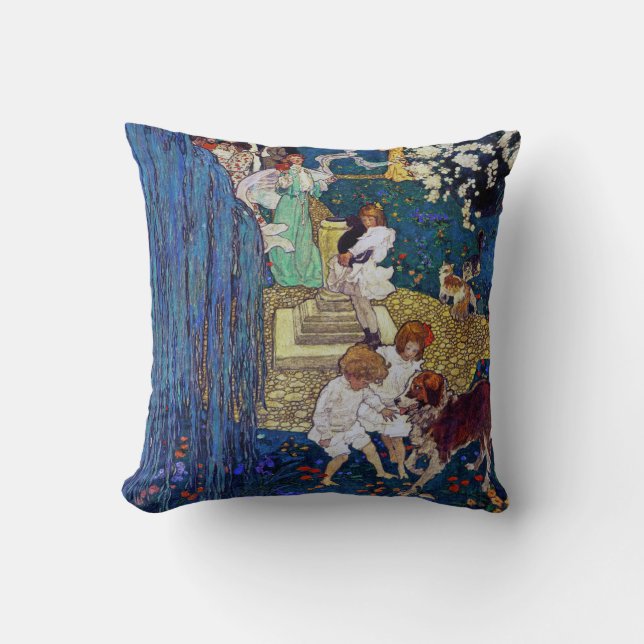 Garden Party with Dog & Cat, Jessie Willcox Smith Cushion (Front)