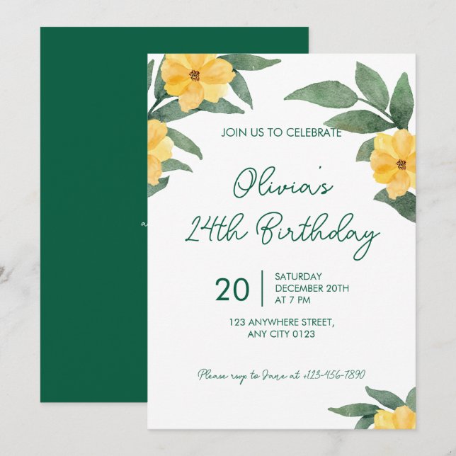 Garden Party Yellow Floral Birthday Invitation (Front/Back)