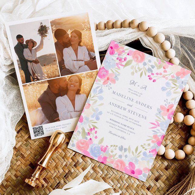 Garden pastel wild flowers photos Qr code wedding Invitation (Creator Uploaded)
