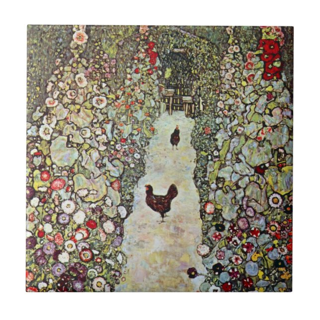 Garden Path w Chickens, Gustav Klimt, Art Nouveau Ceramic Tile (Front)