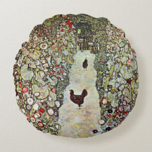 Garden Path w Chickens, Gustav Klimt, Art Nouveau Round Cushion
